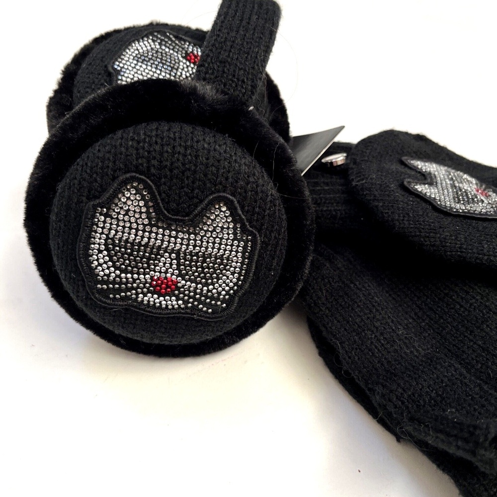 NWT 2pc KARL LAGERFELD Rhinestone Earmuff + Gloves Mittens Cat One Size Black - Picture 3 of 4